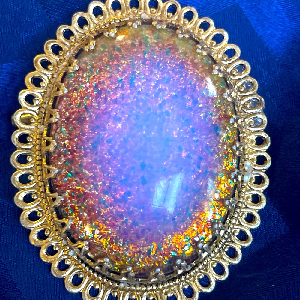 * c. 1920 - ANTIQUE / ART DECO GOLDSTONE CABOCHON ENAMELED PIN / BROOCH Japan